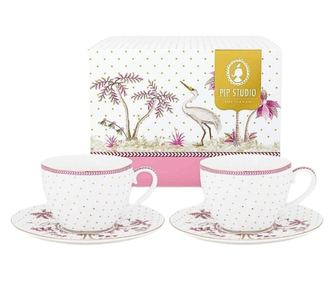 Set 2 căni cu farfurioare, din porțelan, Pip Studio, Dots Gold Pink, 280 ml, colecția Jolie