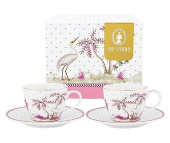 Set 2 căni cu farfurioare, din porțelan, Pip Studio, Dots Gold Pink, 120 ml, colecția Jolie