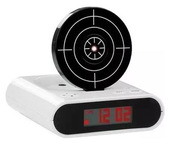 Ceas desteptator cu oprire alarma cu pistol infrarosu, afisaj LCD, Gonga Alb