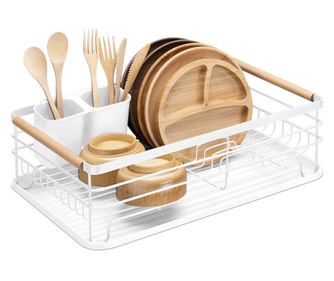 Отцедник за съдове Navaris, с тава за отцеждане, с рафт за чинии, чаши и прибори, бял, 42.5x31.5x14 см, 52545.01