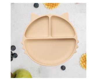 Silikonski krožnik z razdelki in priseskom, AppeKids - Kitty - Bubble Beige