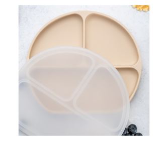 Силиконова чиния с отделения с вендуза и капак, AppeKids - Bubble Beige