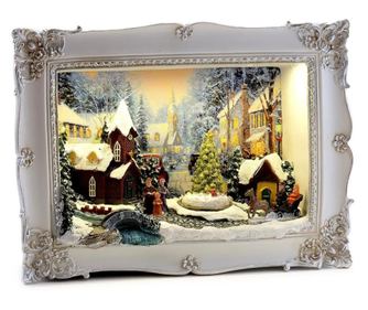 Božićni ukras, polirezina, božićna slika, zasnježeno selo, LED, 3xAA, 28.5x8.2x21.2 cm, Magic Home