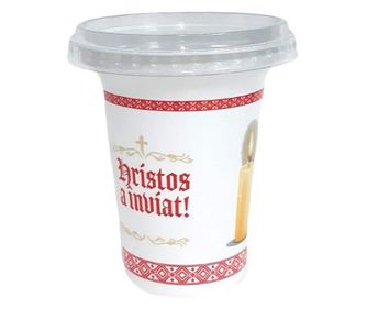Set 100 buc Pahare de Pasti, Hristos a Inviat, din plastic, cu capac, 330 ml