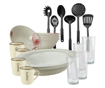 Serviciu de masa, 4 persoane, 19 piese, cana crem, bol, tava termo, ustensile bucatarie, pahare sticla, Portelan decorat cu Marg