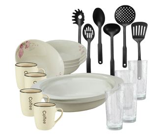 Serviciu de masa, 4 persoane, 19 piese, cana crem, bol, tava termo, ustensile bucatarie, pahare sticla, Portelan decorat cu Orhi