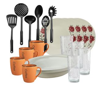Set de masa, 4 persoane, 19 piese, cana portocalie, farfurie intinsa, tava termo, ustensile bucatarie, pahare sticla, Portelan d
