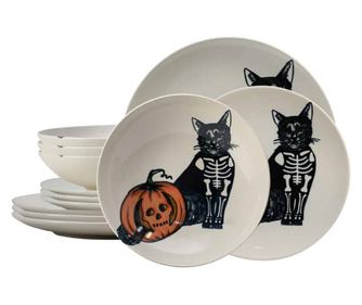 Set farfurii 12 piese, pentru 4 persoane, Skeleton Kitty, Cesiro, Ivoire cu Pisica