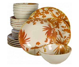 Set farfurii 24 piese, pentru 6 persoane, Hawaii, Cesiro, Alb Ivoire cu frunze portocalii