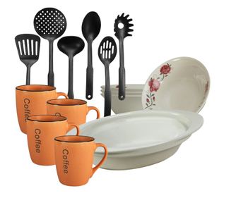 Set de masa, 4 persoane, 15 piese, cana portocalie, bol, tava termorezistenta, ustensile bucatarie, Portelan decorat cu Trandafi