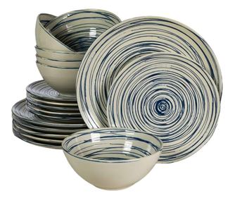 Set farfurii 18 piese, pentru 6 persoane, Maritim, Cesiro, Alb Ivoire lucios cu albastru
