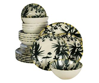 Set farfurii 24 piese, pentru 6 persoane, Hawaii, Cesiro, Alb Ivoire cu frunze negre