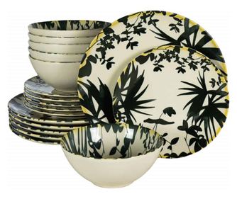 Set farfurii 18 piese, pentru 6 persoane, Hawaii, Cesiro, Ivory decorat cu frunze negre
