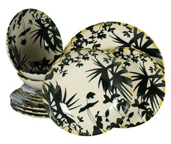 Set farfurii 12 piese, pentru 4 persoane, Hawaii, Cesiro, Ivory cu frunze negre