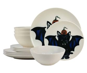 Set farfurii 12 piese, pentru 4 persoane, BatKitty, Cesiro, Ivoire cu Pisica