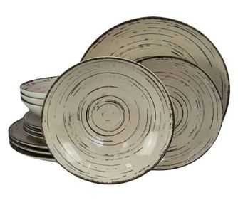 Set farfurii 12 piese, pentru 4 persoane, Stone, Cesiro, Alb Ivoire cu negru