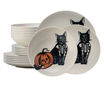 Set farfurii 18 piese, pentru 6 persoane, Skeleton Kitty, Cesiro, Ivoire cu Pisica
