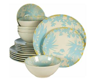 Set farfurii 18 piese, pentru 6 persoane, Hawaii, Cesiro, Ivory decorat cu frunze albastru deschis