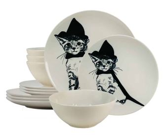 Set farfurii 12 piese, pentru 4 persoane, Wizard Cat, Cesiro, Alb Ivoire cu Pisica