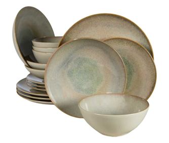 Set farfurii 16 piese, pentru 4 persoane, Shell, Cesiro, Crem deschis cu margine maro