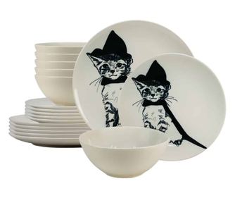 Set farfurii 18 piese, pentru 6 persoane, Wizard Cat, Cesiro, Alb Ivoire cu Pisica