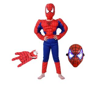 Komplet IdeallStore classic Spiderman muscle kostim, 7-9 godina, 110-120 cm, crveni, disk rukavica i LED maska