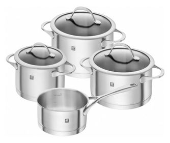 Комплект тенджери Zwilling Essence 66220003, 7 части, Неръждаема стомана 18/10, Многослойно SIGMA Classic+ дъно, Индукция, Сребр