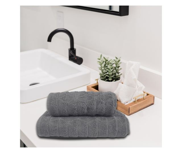 Комплект от 2 абсорбиращи хавлии, устойчиви на избледняване, 100% жакардов памук, 390 GSM, 50x100 см + 70x140 см, Mermin, сив