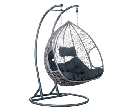 Fotoliu suspendat,gri, cu perne, otel,ratan,tesatura,fotoliu dublu,interior, exterior,132x118x195 cm, Bortis