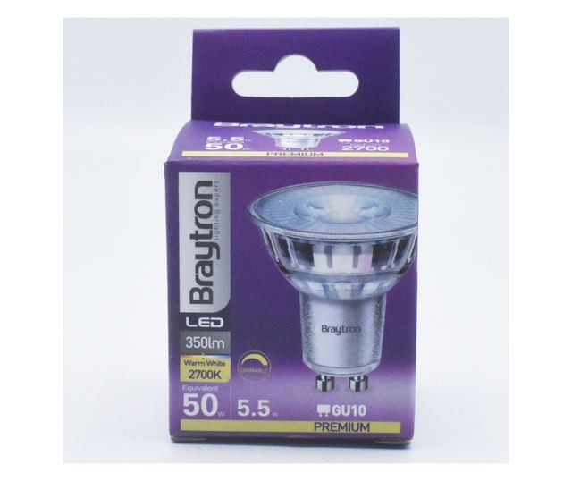 Bec led GU10 5.5W (50W), 38 grade, 350 lm, dimabil, lumina calda (2700K), Braytron