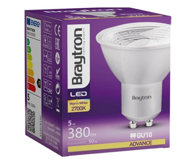 Bec led GU10 5W (50W) Braytron, 38 grade, 380 lm, lumina neutra(4000K), clasa energetica F