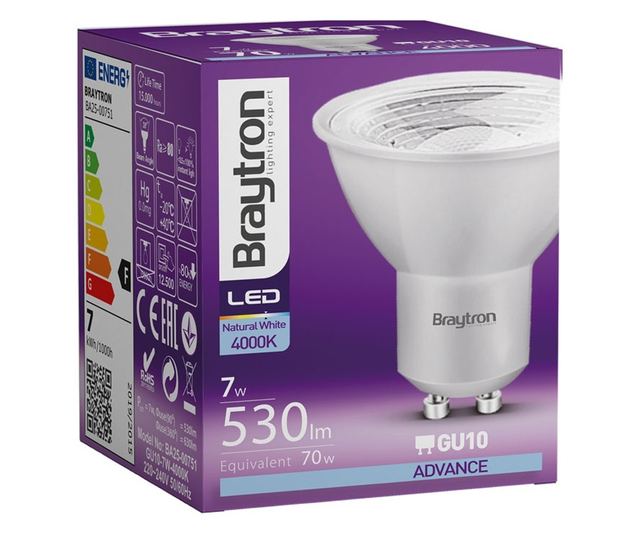 Bec led GU10 7W (75W), 580 lm, 38 grade, lumina neutra (4000K), clar, Braytron
