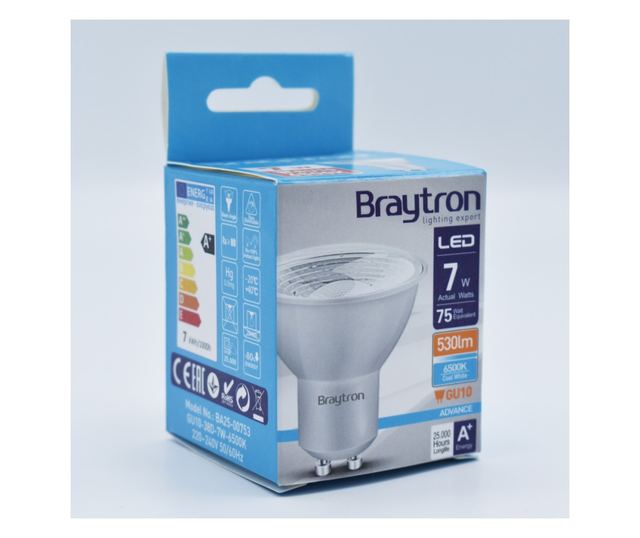 Bec led GU10 7W(75W), 530lm, 38 grade, lumina rece(6500K), clar, Braytron