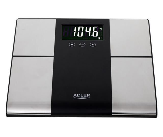 Кантар Adler AD 8165, До 225 кг, Памет за до 10 потребителя, LCD дисплей, 3 x AAA, Инокс/Черен