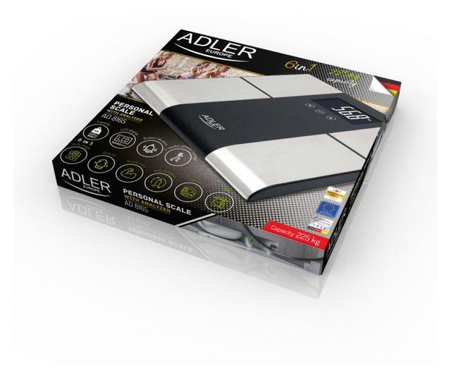 Кантар Adler AD 8165, До 225 кг, Памет за до 10 потребителя, LCD дисплей, 3 x AAA, Инокс/Черен