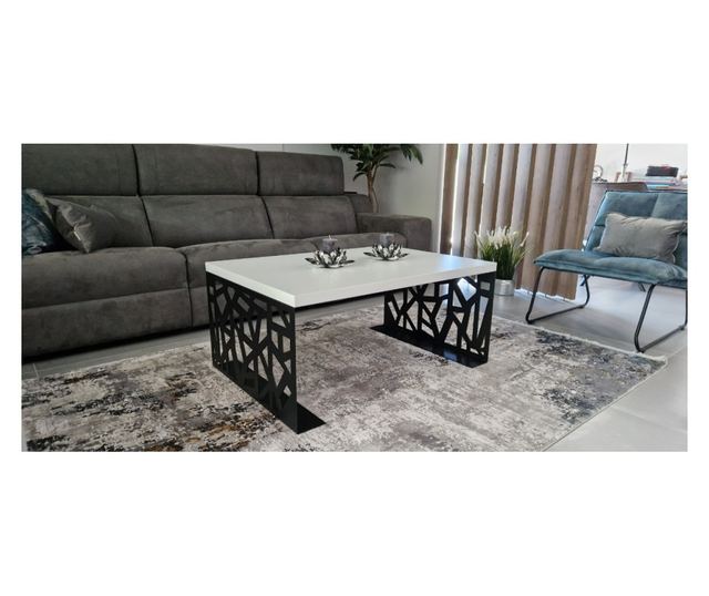 Stolik kawowy 100x70x45 cm, MDF biały premium do wnętrz, z nogami z czarnej stali