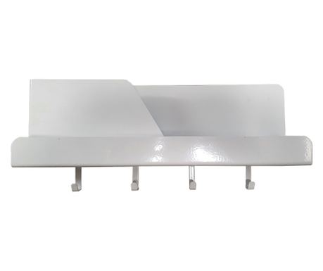 Organizator de perete cu 4 agățători și suport, metal, alb lucios, 46 x 11 x 19 cm
