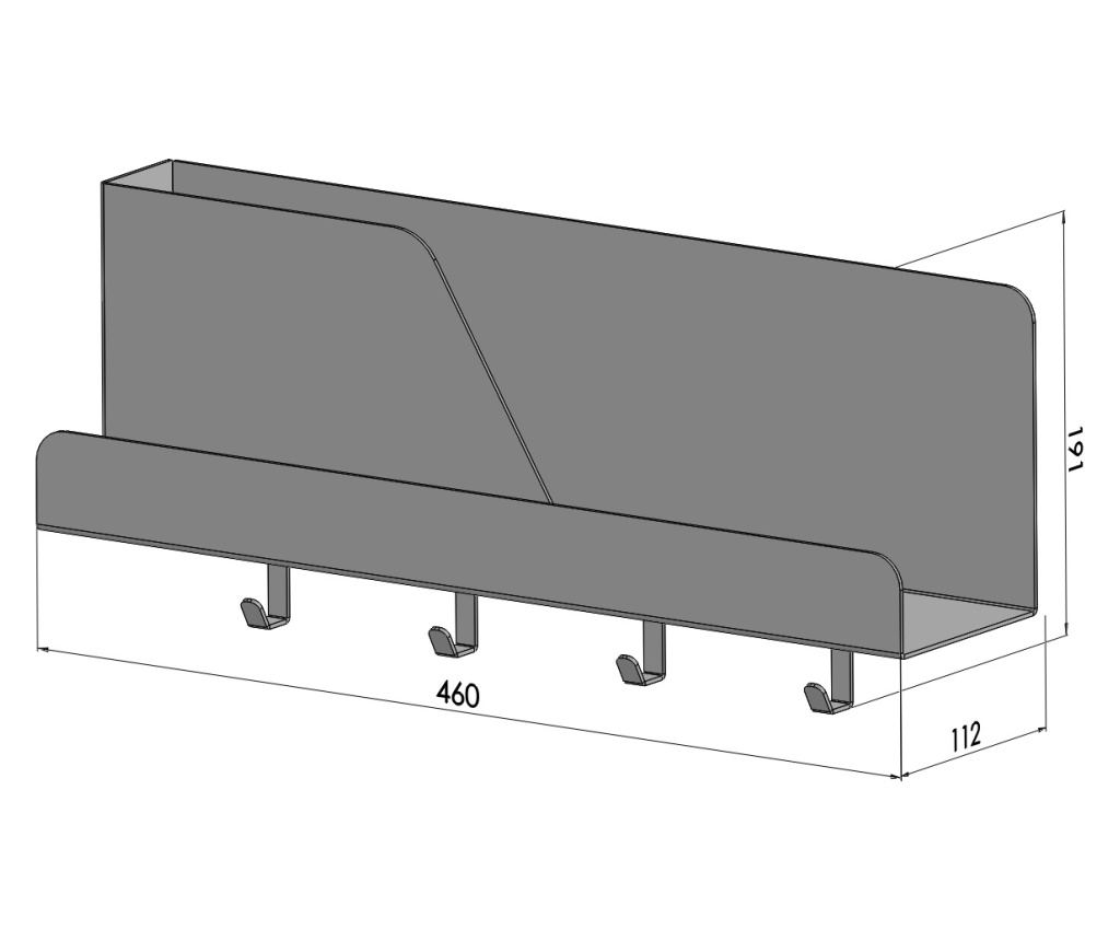 Fali szervező 4 akasztóval és tartóval, fém, antracit, 46 x 11 x 19 cm - 4