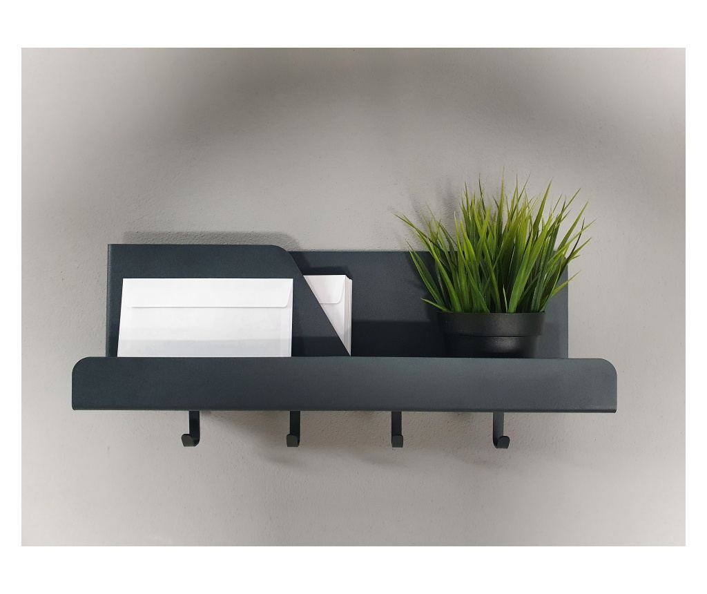 Fali szervező 4 akasztóval és tartóval, fém, antracit, 46 x 11 x 19 cm - 5