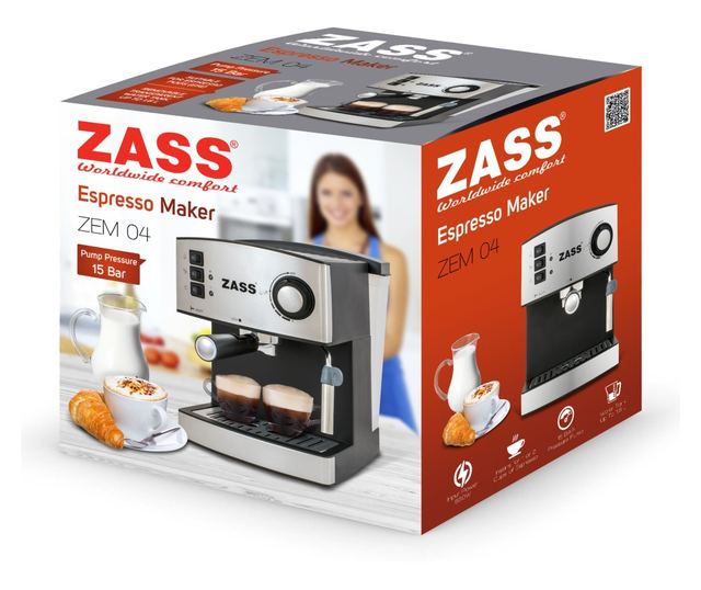 Espressor manual Zass ZEM 04, 850 W, 1.6 L, 15 bar, Argintiu