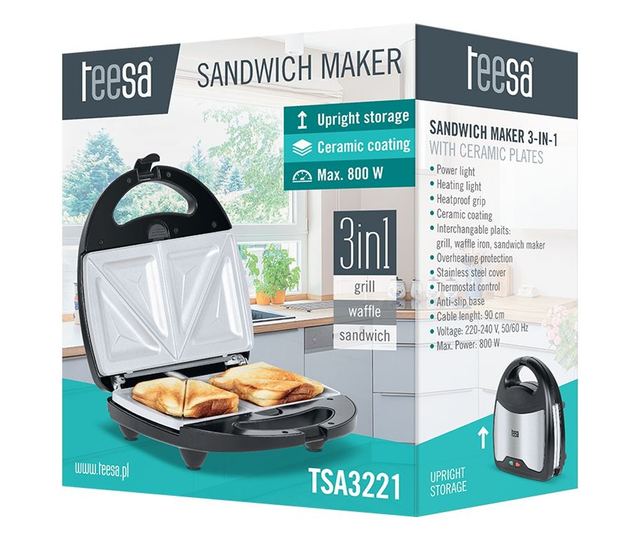 Aparat za sendviče Keramički 3u1 800W Roštilj Vafli Sendvič Crno/Sivo.
