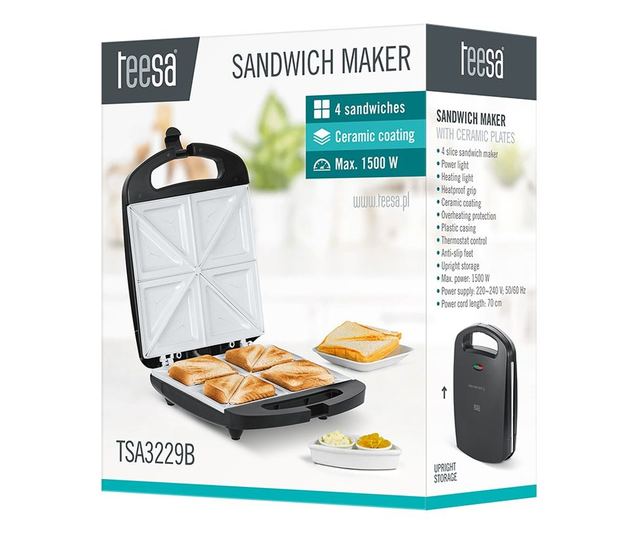 Toaster Ceramic, Putere 1500 W, Prepara 4 sandwich-uri, Negru