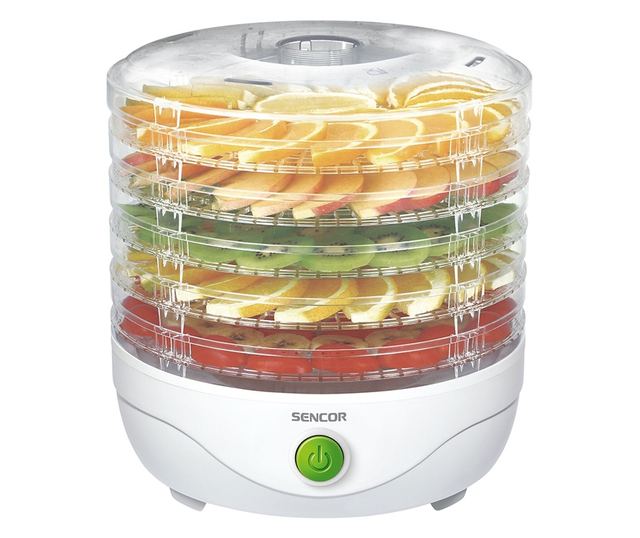 Dehidrator hrane Voće i povrće, 5 prozirnih pladnjeva, snaga 250W, Bijela.