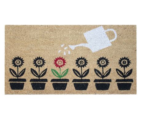 Covoras intrare dreptunghiular, fibra naturala cocos, 40x70cm, antiderapant, model flori si stropitoare, Cocco Stamp