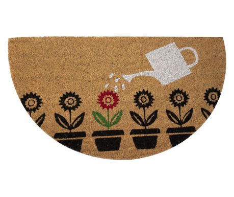 Covoras intrare semicerc, fibra naturala cocos, 40x70cm, antiderapant, model flori si stropitoare, Cocco Stamp