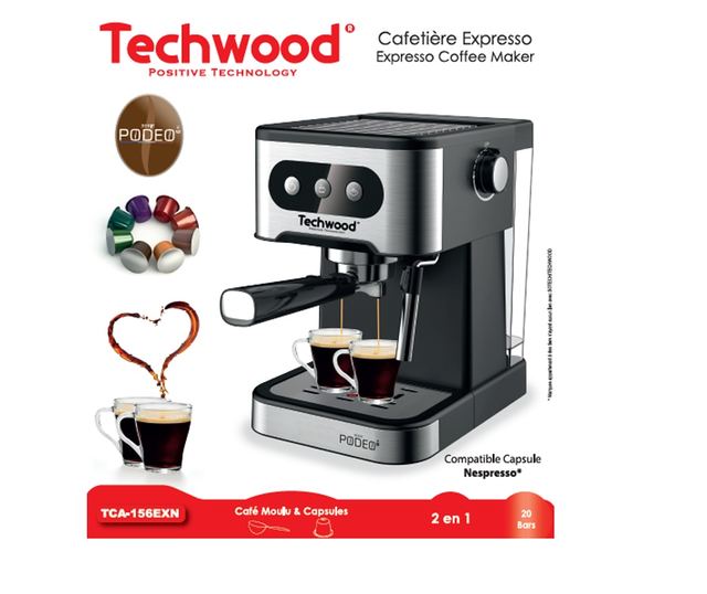 Espressor Techwood TCA-156EXN, 20 bari, 1.5 litri, cafea macinata sau capsule Nespresso