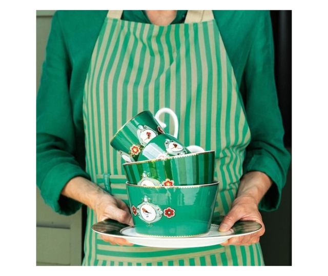 Bol din porțelan, Pip Studio, Stripes Green, 15 cm, colecția Love Birds
