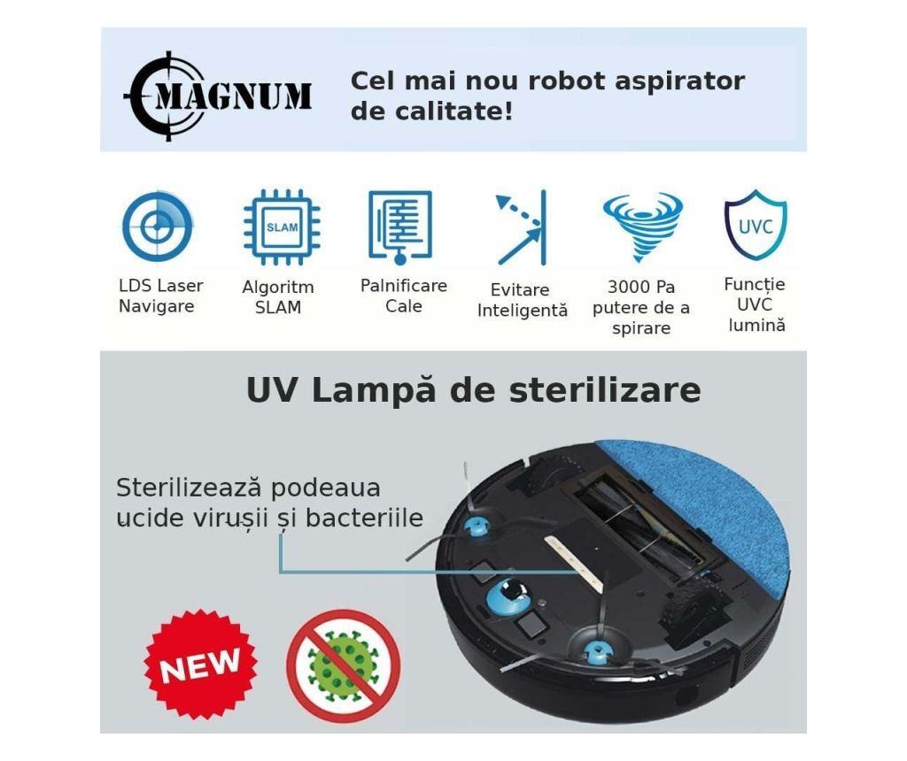 Σκούπα Ρομπότ Magnum 3000, Ισχυρή μπαταρία LG Li-Ion 5200 Mah, Λάμπα Uvc Σφουγγαρίστρα Χάρτης Εμπόδια λευκό - 4