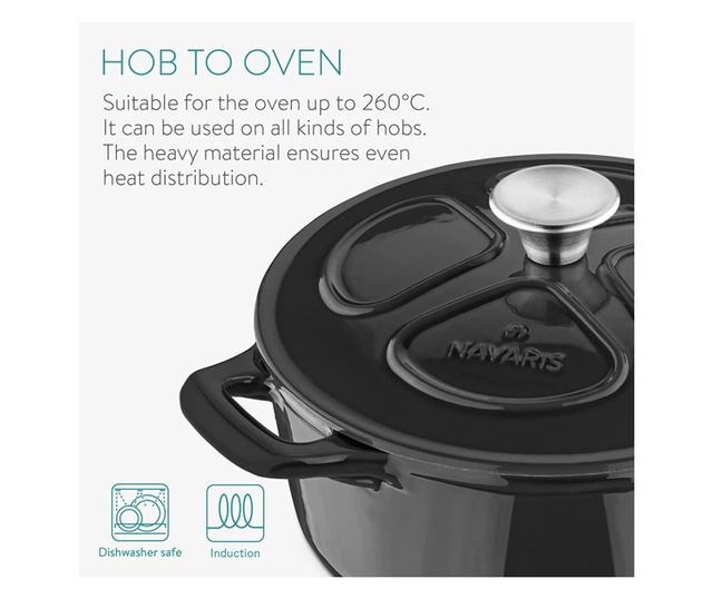 Oala antiaderenta din fonta Navaris pentru plite/cuptoare - 24 cm - 3,5 l - negru, 48777.01.01