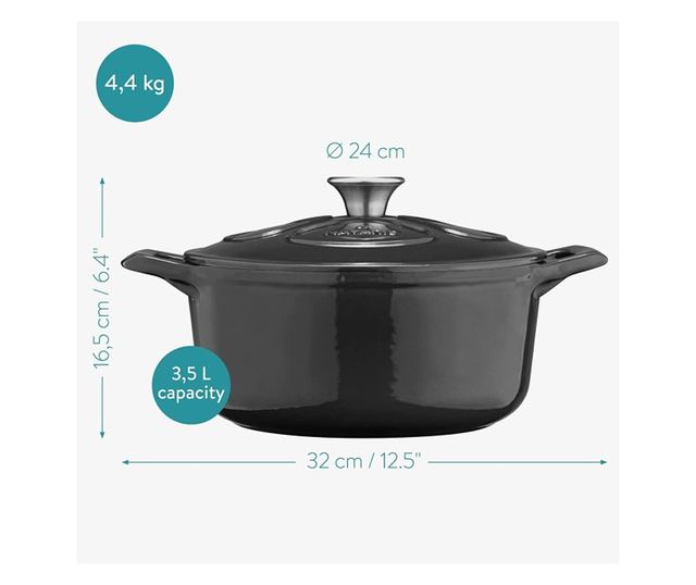 Oala antiaderenta din fonta Navaris pentru plite/cuptoare - 24 cm - 3,5 l - negru, 48777.01.01